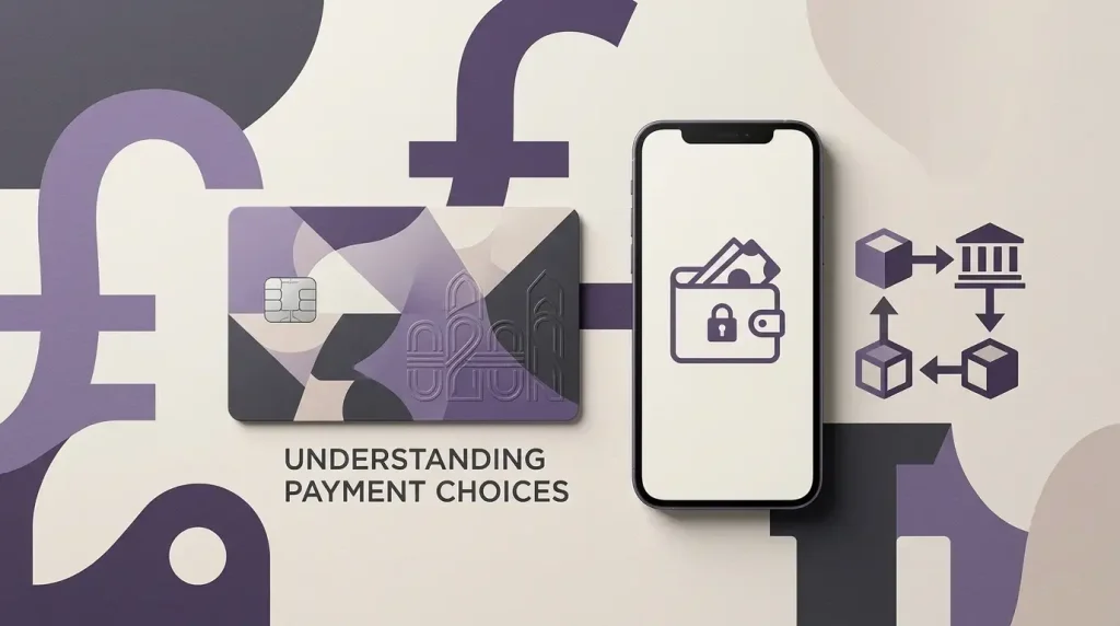 Editorial illustration representing digital payment methods in pounds sterling